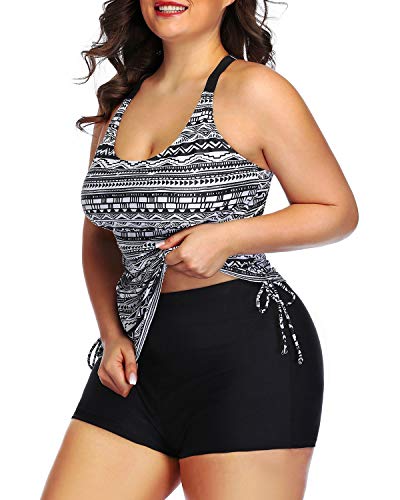 Women's Plus Size Strappy Tankini Top And Boyleg Shorts Swimsuit-Black Tribal