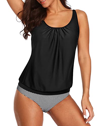 Ladies 2 Piece Blouson Tankini Swimsuits Tummy Control Bathing Suits-Black Stripe