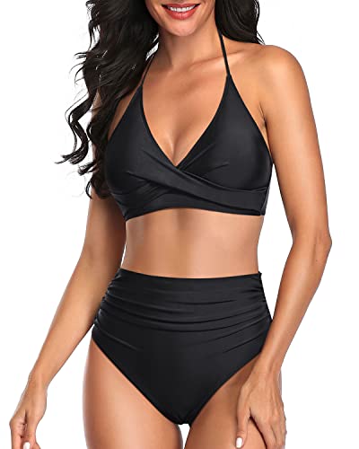 Twist Front Bathing Suit Supportive Halter Top Bikini Sets-Black