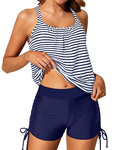 Athletic Strappy Criss Cross Back Swimsuits Full Coverage Boy Shorts-Blue White Stripe