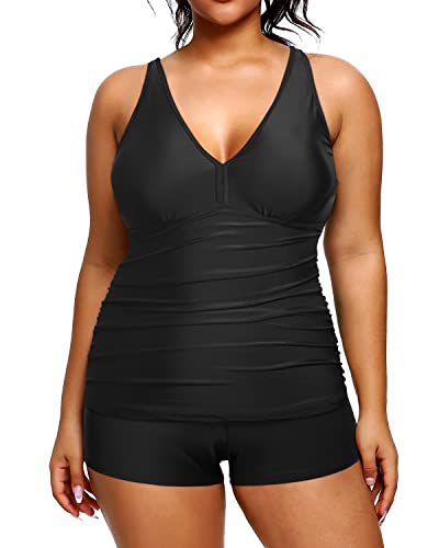 Athletic Plus Size Tankini Shorts Swimsuits For Women-Black