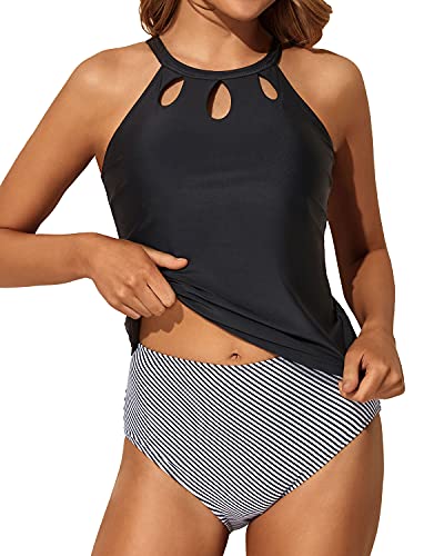 High Waisted & Keyhole Design Two Piece Tankini Bathing Suit-Black Stripe