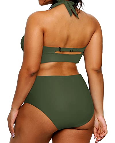 Plus Size Tummy Control Women's Two Piece Halter Bikini Swimsuit-Army Green