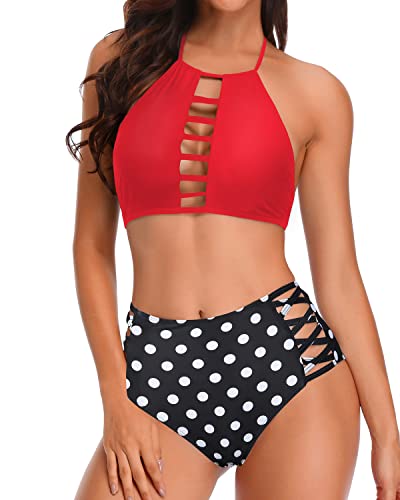 Crop Tankini Top High Waisted Swim Bottom For Teens-Red Dot