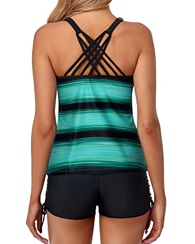 Cross-Back Bathing Suits For Women Two Piece Athletic Shorts-Green Black Stripes