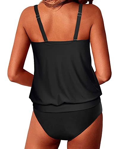 Modest Tankini Swimsuits For Women Push Up Bra Cups Ladies Tank Tops-Black