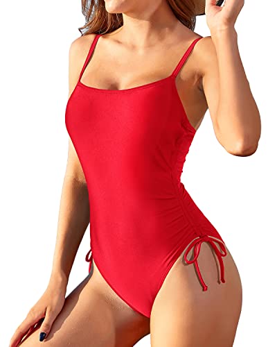 Retro Square Neckline Adjustable Leg-Cut One Piece Swimsuit Cute Swimwear-Red