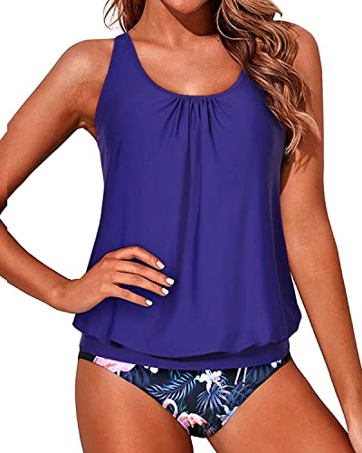 Modest Two Piece Blouson Tankini Swimsuits For Women-Blue Flamingo