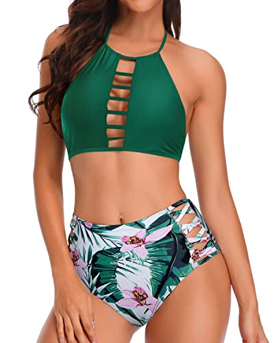 Halter & Open Back Design 2 Piece Swimsuit For Women-Green Tropical Floral