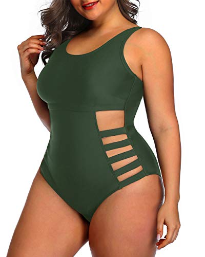 Removable Padded Bra Swimsuit Plus Size Side Cutout Sexy Swimwear-Olive Green