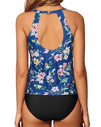 Tummy Control & Modest Coverage Two Piece Tankini Bathing Suit-Blue Flower