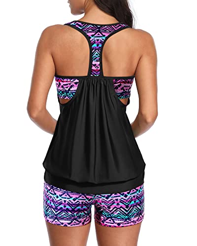 Racerback Bathing Suit Top Boy Shorts For Women-Black And Tribal Purple