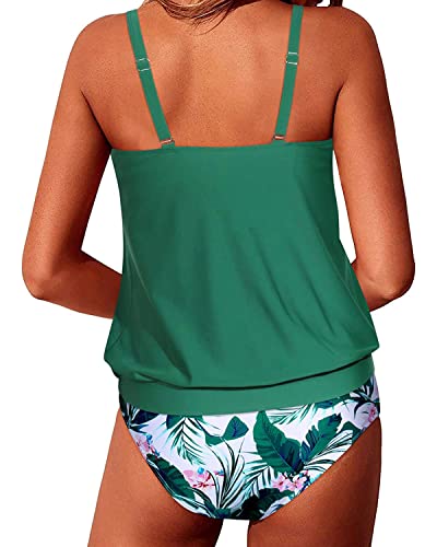 Push Up Bra Cups Blouson Tankini Bathing Suits Women 2 Piece-Green Floral