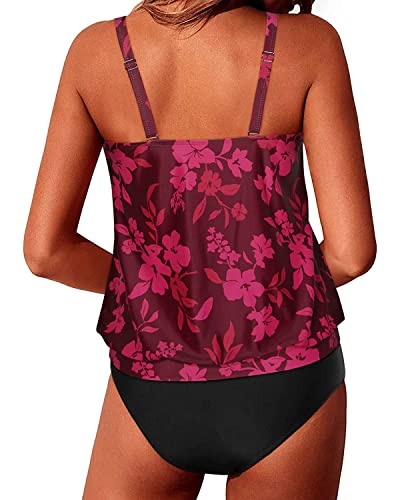 Cute Adjustable Shoulder Straps Tankini Swimsuits For Teen Girls-Red Flower