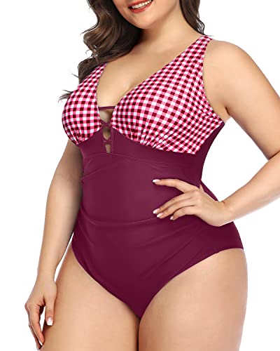 Tummy Control Lace Up Plunge V Neck Plus Size Slimming One Piece Swimsuit-Wine Red Plaid