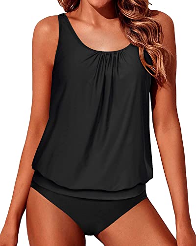 Modest Tankini Swimsuits For Women Push Up Bra Cups Ladies Tank Tops-Black