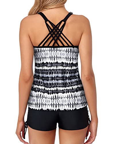 Cross-Back Tummy Control Bathing Suits Athletic Two Piece Shorts-Black And White Tribal