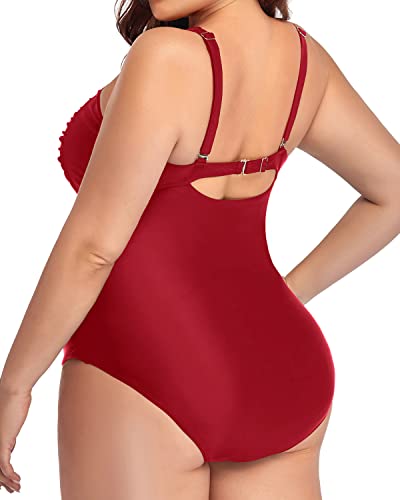 Twist Front Ruched Swimwear For Curvy Women Tummy Control-Red