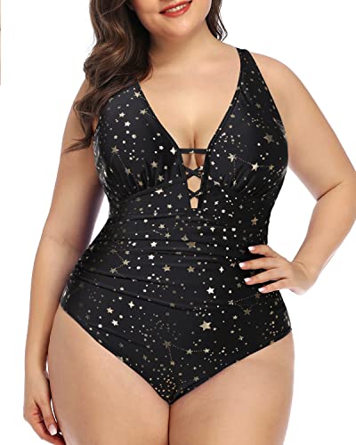 Adjustable Criss Cross Shoulder Straps Plus Size Slimming One Piece Swimsuit-Black Palm Tree,Gold Stars