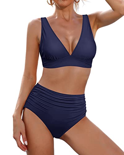 Ruched Two Piece Swimsuit High Waisted Bikini Tummy Control Bathing Suit-Navy Blue