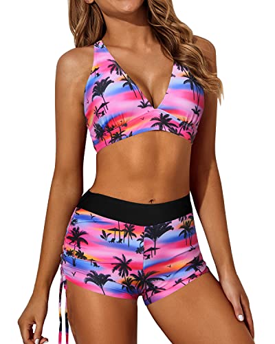 3 Piece Tankini Swimsuits Boyshorts And Bra Athletic Swimwear For Women-Black Palm Tree