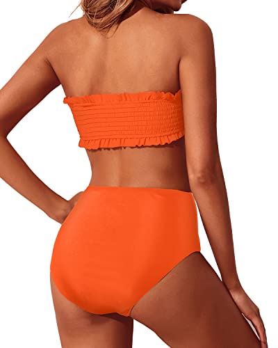 Ruffle Off Shoulder High Cut Cheeky High Waisted Bikini Set-Neon Orange