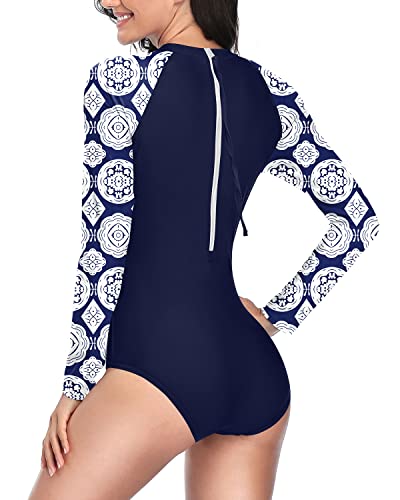 Surfing Swimwear Long Sleeve One Piece Rash Guard For Women-Blue And White Snake Print