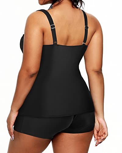 Athletic Plus Size Tankini Shorts Swimsuits For Women-Black