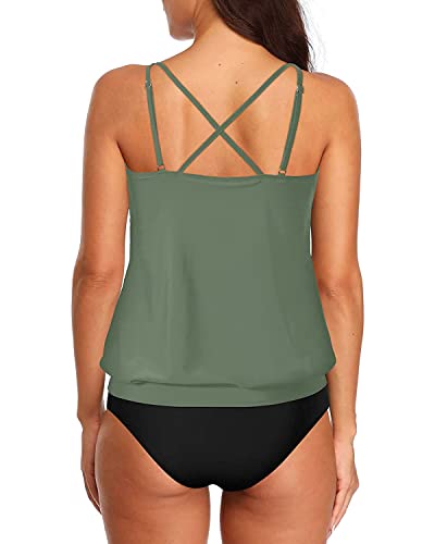 Blouson Tankini Swimsuits Removable Wireless Bra For Women-Olive Green