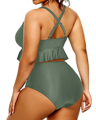 Tummy Control Plus Size Swimsuits For Women High Waisted Bikini Set-Olive Green