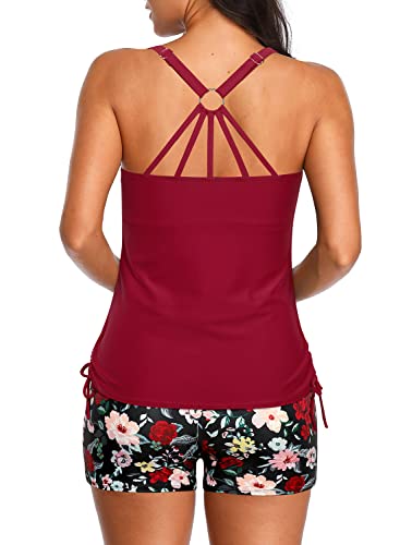 Tummy Control Athletic Tankini Boyleg Bottom For Women-Red Floral