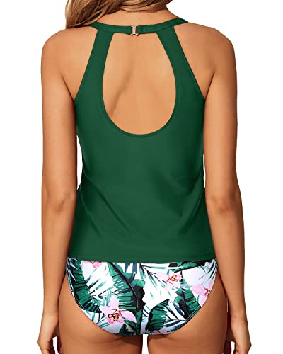 Laides Backless Tankini 2 Piece High Neck Bathing Suit-Green Tropical Floral