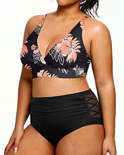 Women's Plus Size Bikini Two Piece Swimsuits Tummy Control Swimwear-Black Orange Floral