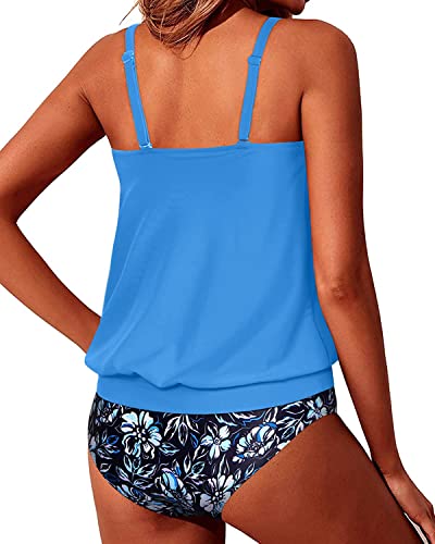 Loose Fit Tankini Top Swimsuits For Women 2 Piece Tankini-Blue Flower On Black