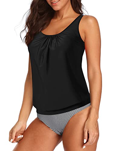 Ladies 2 Piece Blouson Tankini Swimsuits Tummy Control Bathing Suits-Black Stripe