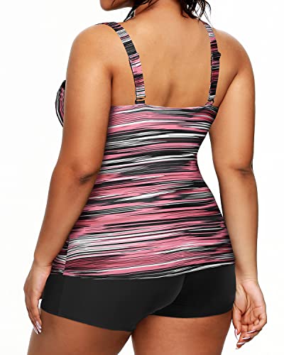 Two Piece Plus Size Tankini Swimsuits Shorts Tummy Control Bathing Suits-Pink Stripe