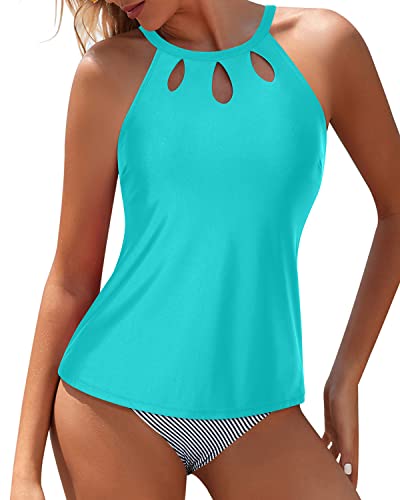 High Waisted Tummy Control Halter Tankini Set For Women-Aqua Stripe