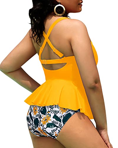 Peplum Tankini Top High Waisted Swim Bottom Plus Size Tankini Swimsuits-Yellow Floral