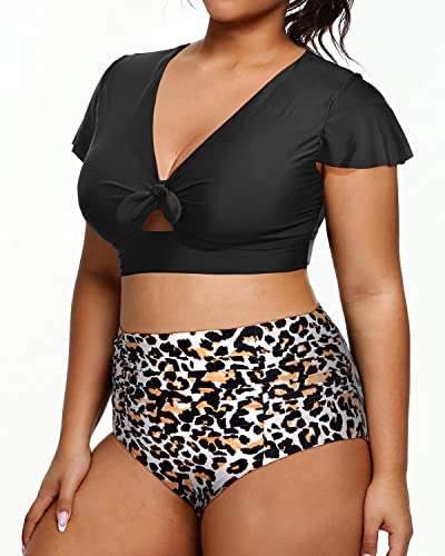 Womens Vintage Swimsuit Ruffle Sleeve High Waisted Bikini-Black And Leopard