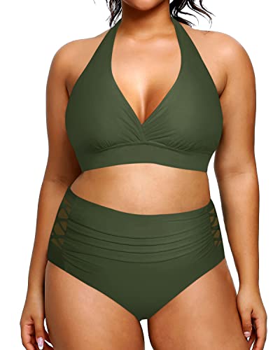 Plus Size Tummy Control Women's Two Piece Halter Bikini Swimsuit-Army Green