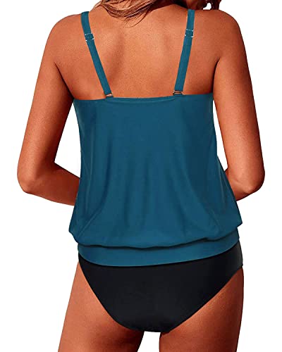 Blouson Tankini Swimsuits For Women Ladies Tank Tops Loose Fit-Teal And Black