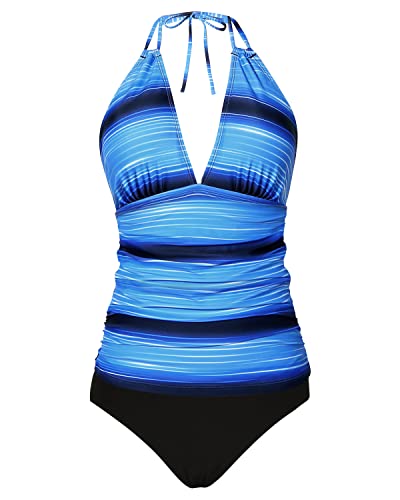 Women's Halter Tankini V Neck Tops & Bikini Bottom Bathing Suit-Blue And Black Stripe