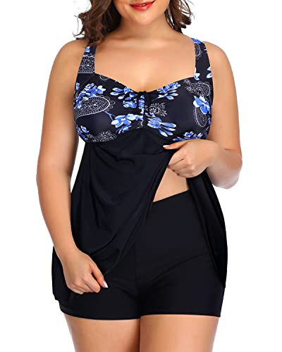 Women's Slimming Plus Size Tankini Swimsuits Boy Shorts-Blue Paisley