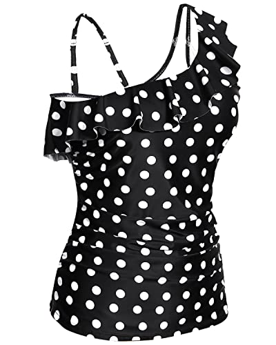 Slimming One Shoulder Tankini Top Front Ruching For Women-Black Dot