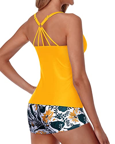 Adjustable Straps Two Piece Tankini Swimsuits For Women Boy Shorts-Yellow Floral