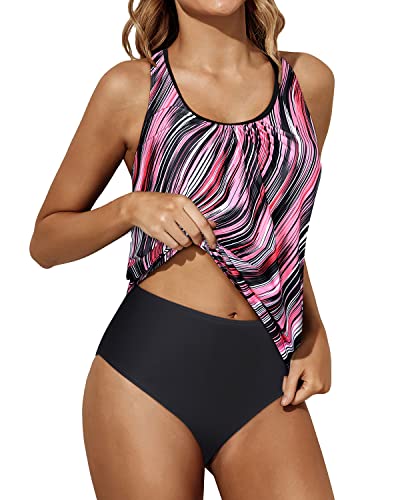 Racerback Two Piece Tankini Bathing Suits For Women Tummy Control-Pink Stripe