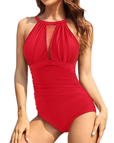 Ruched One Piece Swimsuits For Women High Neck Mesh Bathing Suits-Red
