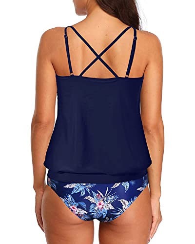 2 Piece Athletic Tankini Swimsuits Tummy Control For Women-Navy Blue Floral