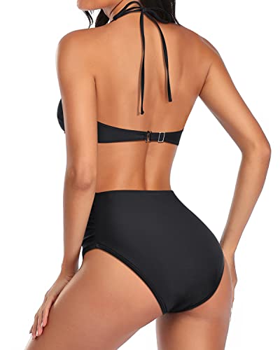 Twist Front Bathing Suit Supportive Halter Top Bikini Sets-Black