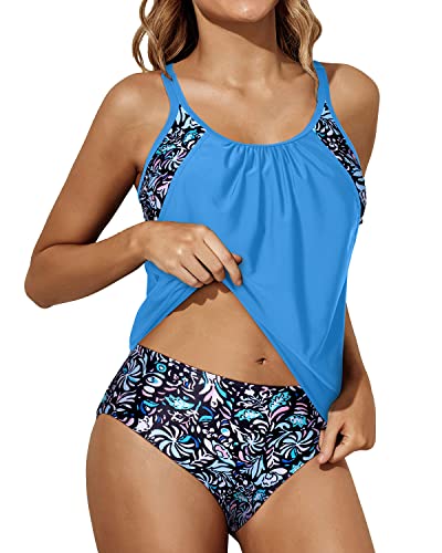 Women's 2 Piece Tankini Swimsuit Set Blouson Top And Bottom-Blue Floral